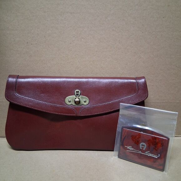 Unbranded Handbags - Vintage Etienne Aigner Burgundy Leather Clutch + Mirror Set NOS Gold Hardware